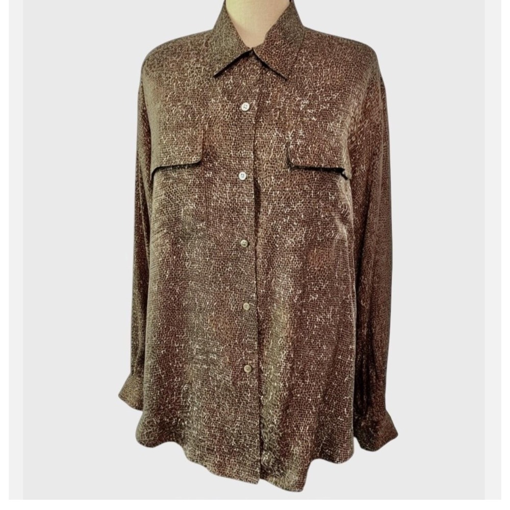 VTG Ann May Silk Blouse: Leopard Print Button-Up Top Flowy Tunic Shirt SIZE S